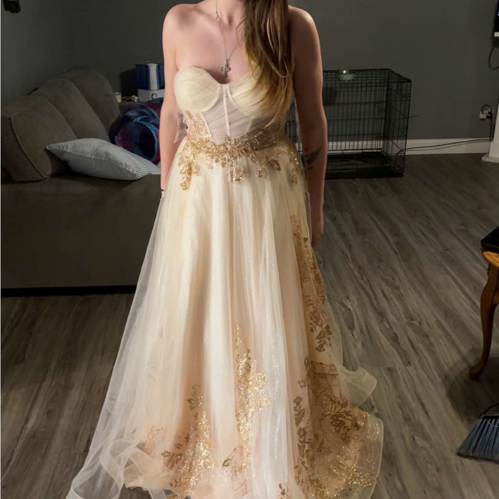 Strapless Cream and Gold Embellished Tulle Evening Dress